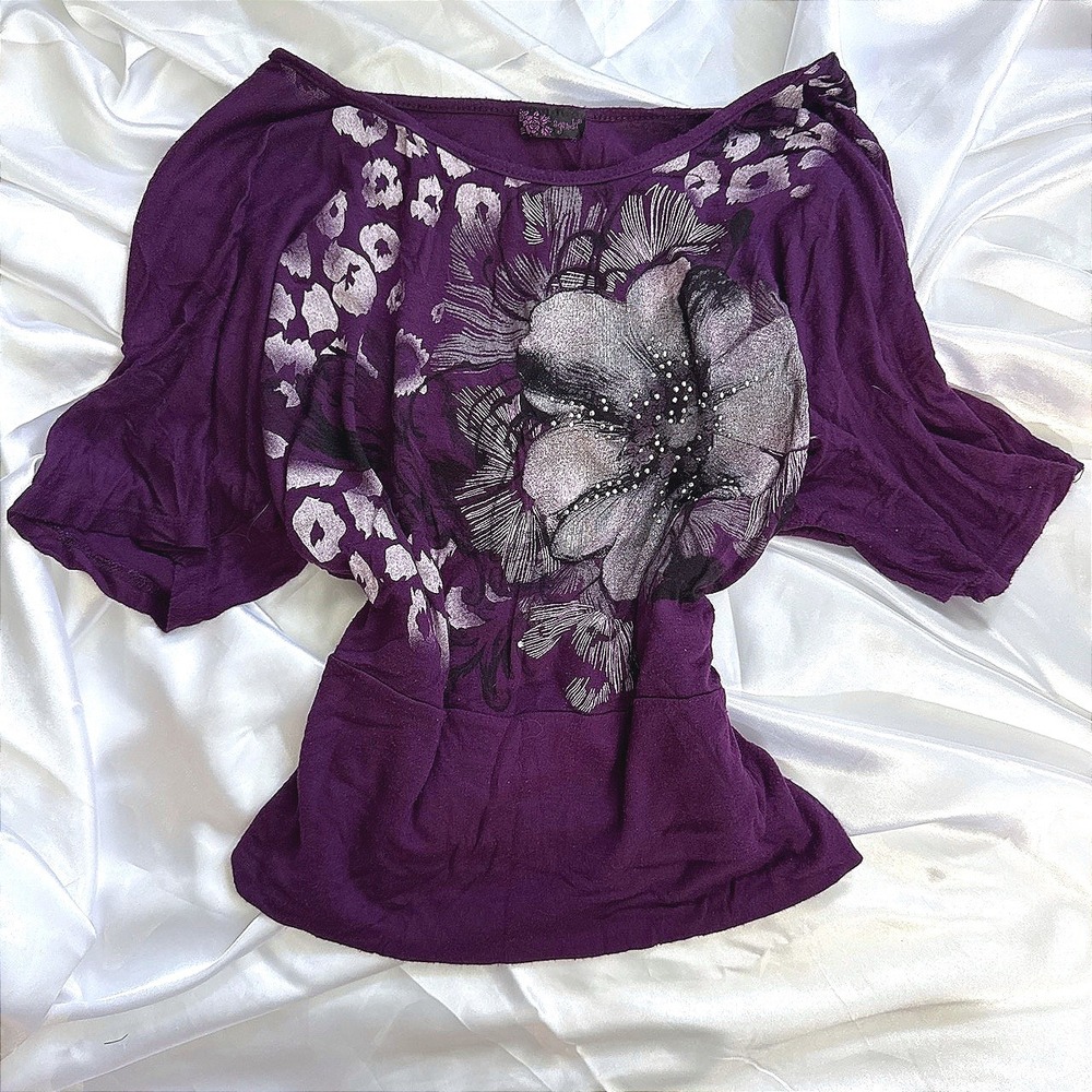 Agenda Womens Purple Floral Leopard Graphic Top Rhinestone Short Sleeve Blouse - Picture 2 of 3